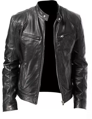 Buy Mens Vintage Cafe Racer Brown Black Leather Casual Slim Fit Real Biker Jacket • 29.66£