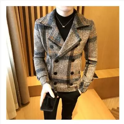 Buy Men's Wool Blend Short Jacket Double Breasted Slim Fit Lapel Collar Peacoat Coat • 80.09£