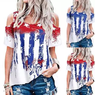 Buy Women America Flag Printed Cold Shoulder T Shirt Ladies Casual Blouse Tops Tees • 6.49£