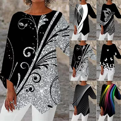 Buy Womens Printed Casual Basic T-shirt Tops Plus Size Summer 3/4 Sleeve Tee Blouse • 12.29£