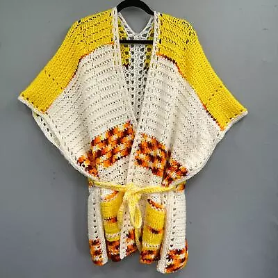 Buy VTG 70s Hand Crochet Granny Poncho Jacket Cardigan Womens OS Boho Hippie Belted • 70.87£