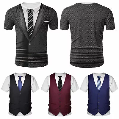 Buy Men T-Shirt Casual Short Sleeve Fake 3D Tuxedo Print Suit Vest Tie Printed Shirt • 7.91£