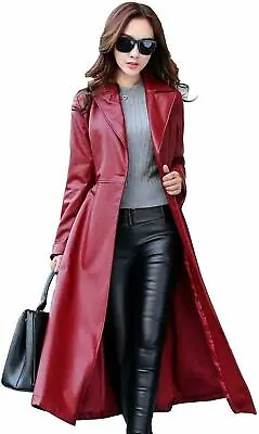 Buy Women's Genuine Soft Dark Red Leather Celebrity Party Ledies Long Coat WC 014 • 148.74£