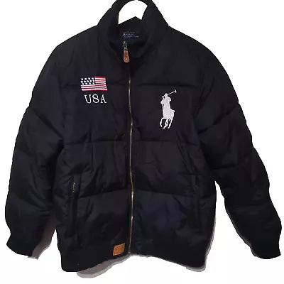 Buy Polo Ralph Lauren Down Puffer Jacket Large L  Black USA Flag 3 Embroidered • 89.99£