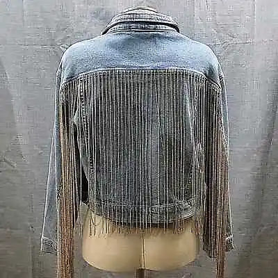 Buy Azalea Wang Dolly NWT Rhinestone Fringe Cropped Denim Jacket Women's SZ M • 76.86£