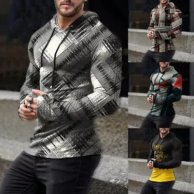 Buy Stylish Men's Hooded Sweatshirts Trendy Print Activewear Tops With Long Sleeve • 16.01£