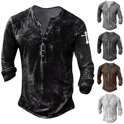 Buy Mens Long Sleeve Vintage V Neck T Shirt Casual Baggy Button Retro Tops Pullover • 13.99£