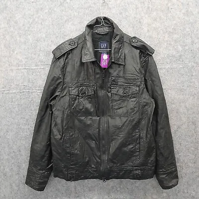 Buy GAP Leather Jacket Mens Large Black Full Zip Pockets Shoulder Tabs Military • 31.45£