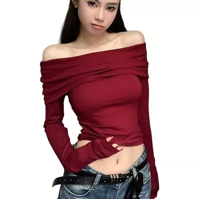 Buy Women Ruched Double Layer Bodycon T-Shirt Long Sleeve Shoulder Knit Crop Top • 10.56£
