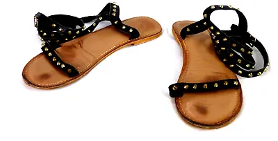 Buy Studded Sandals Black Leather Ankle Strap Minimalist Goth Flat Summer EU 39 UK 6 • 9.99£