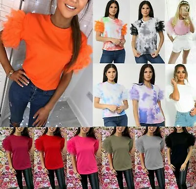 Buy Women's Ladies Tulle Frill Ruffle Mesh Puff Short Sleeve Fashion Tee T-Shirt Top • 11.95£