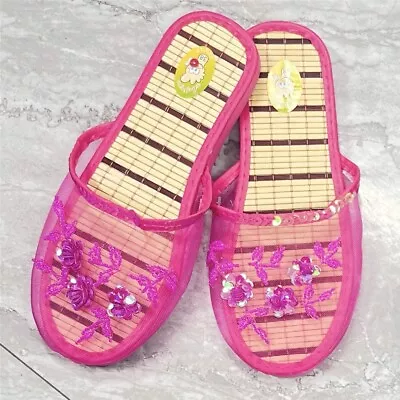Buy Women Flat Indoor Slippers Beads Sequin Floral Mesh Home Shoes Slip On Sandal • 7.89£