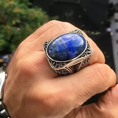Buy Silver Mens Large Signet Ring Natural Lapis Lazuli Handmade Artisan Jewelry • 100.44£