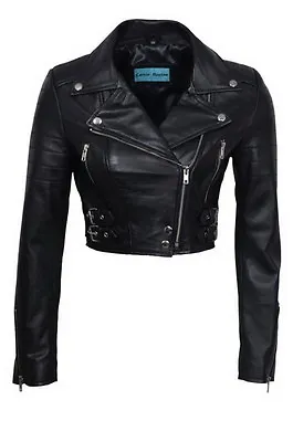 Buy Women's Black Jacket Cropped Leather Chic Biker Gothic Short Jacket • 89.99£