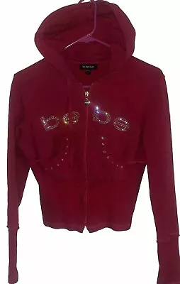 Buy Bebe Jacket Y2K Rhinestone Logo Hoodie Red Large Sweatshirt Zip Front Pockets  • 41.49£