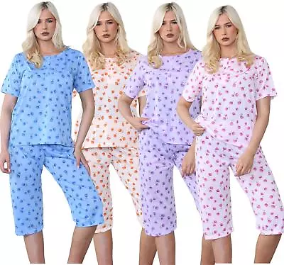 Buy Ladies Capri Pyjama Set Floral Printed Tulip Crew Neck Buttons Cropped PJs • 10.95£