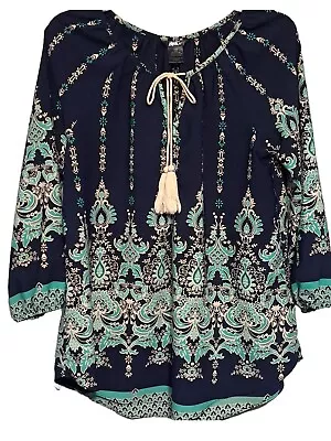 Buy Rock 47 Wrangler Womens M Navy Turquoise Floral Print 3/4 Sleeve V Neck • 17.04£