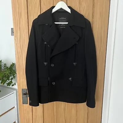 Buy All Saints Mens Small Black Smart Coat Immaculate Condition Pea Coat Jacket • 49.99£