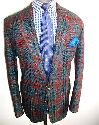Buy TWEED Wool CHECK Hacking Norfolk JACKET Blazer COAT L Blue Red SPORTS Suit UK • 14.99£
