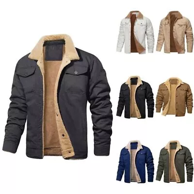 Buy Men Winter Coat 4 Pockets Lapel Collar Fleece Jacket Trucker Cotton Work Coat • 25.99£