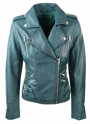 Buy Womens Ladies Real Soft Leather Racing Style Biker Jacket Teal Green NEW • 104.48£