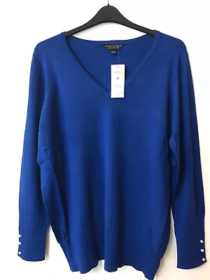 Buy DP Curve Jumper Blue Plus Size 18 20 Blue V Neck Knitted Pearl Button Trim Cuffs • 12.74£