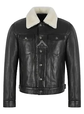 Buy Mens Truckers Black Napa Leather Jacket Sheepskin Collar Casual Denim Look 9429 • 127.74£