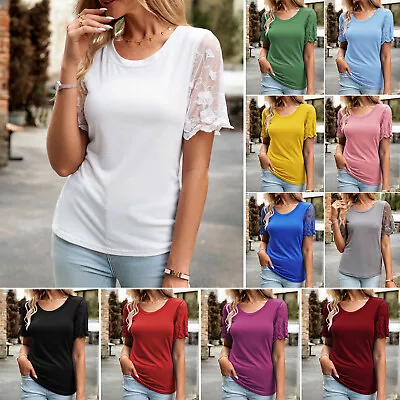 Buy Plus Size Ladies Summer Short Sleeve T Shirt Tops Womens Plain Lace Blouse Tee • 11.99£