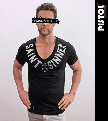 Buy Pistol Boutique Men's Fitted Black Deep V Neck CHEST SAINT SINNER CROSS T-shirt • 25.19£