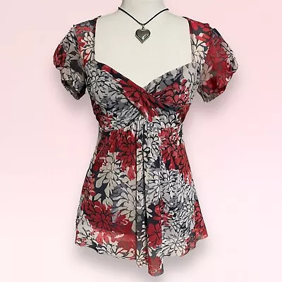 Buy Vintage Y2k Red White Floral Chiffon Fairy Boho Grunge Coquette Babydoll Top M • 24.33£
