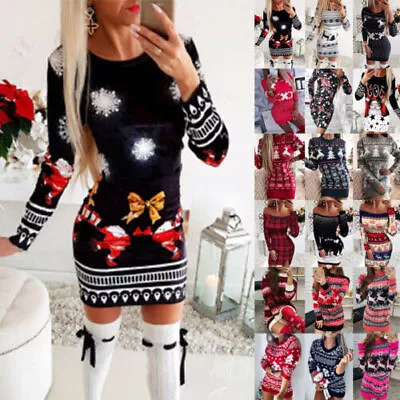 Buy Womens Christmas Knitted Mini Jumper Dress Ladies Xmas Party Sweater Bodycon • 19.69£