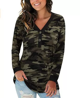 Buy Womens Camo Leopard Print V Neck T Shirt Ladies Long Sleeve Blouse Pullover Tops • 9.89£