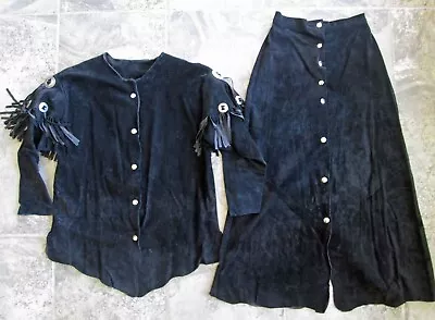 Buy Vintage Panhandle Slim Western Set Small Leather Jacket Shirt Skirt Black Fringe • 71.03£