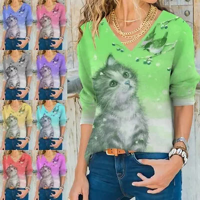 Buy Womens V Neck Cat Print T Shirt Ladies Casual Baggy Long Sleeve Tops Blouse Tee • 11.99£