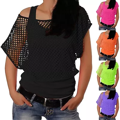 Buy Women 80s T Shirts Neon Fishnet Mesh Top Off Shoulder Tops For Women • 15.88£