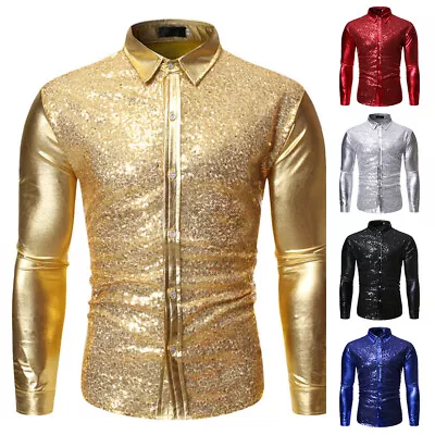 Buy Mens Shiny Button Tops Sequin Long Sleeve Shirt Party Nightclub Dance T-Shirt UK • 14.88£