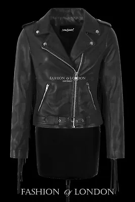 Buy Ladies Brando Leather Jacket Long Fringes Biker Slim Fit Western Style Jacket • 96£