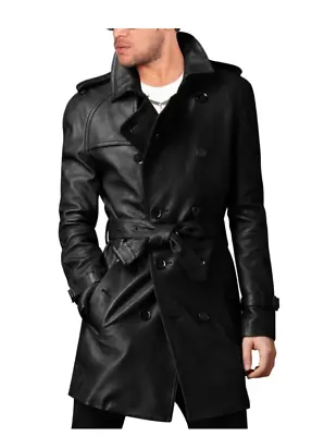 Buy Men's Stylish Belted Black Long Coat, Leather Trench Coat, Pea Coat-bnwt • 99.99£