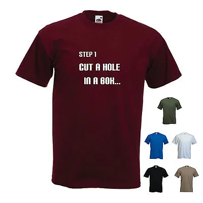 Buy 'Step 1, Cut A Hole In A Box...'  Funny T-shirt Mens. S-XXL. • 11.69£