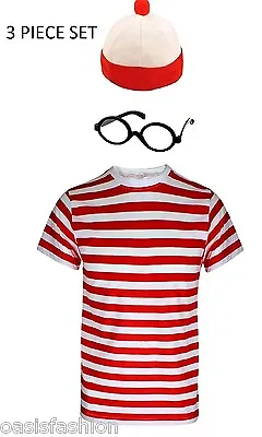 Buy Men's Where's Nerd Red & White Stripe Fancy Dress Fresher Costume World Book Day • 7.99£