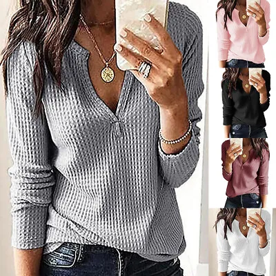 Buy Plus Size Women Ribbed V Neck Long Sleeve Tunic Tops Casual Loose T Shirt Blouse • 2.79£