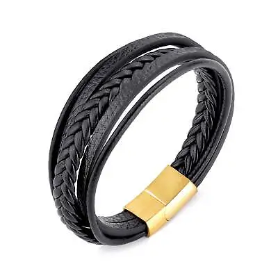 Buy Men's Genuine Black Leather Bracelet With Gold Plated Stainless Steel Clasp • 4.99£