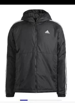 Buy Adidas Original Mens Puffer Jacket Black 3 Stripe Essential Hooded Padded S • 20£