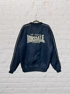 Buy Vintage Lonsdale Bomber Jacket Navy Punch Outdoors Big Logo Spell Out Men’s XL • 79.95£