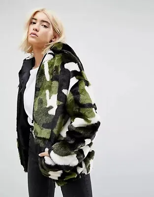 Buy ASOS Oversized Camo Black And Green Faux Fur Zipped Hoodie Jacket Size 8 BNWT • 100£