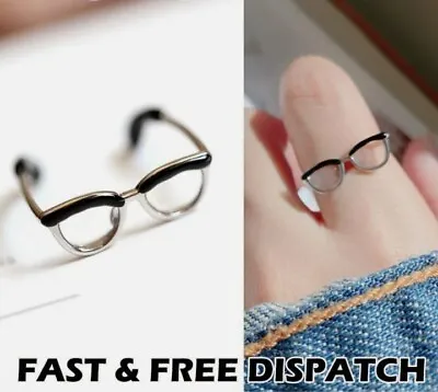 Buy Cute Eyeglasses Ring Adjustable Silver Square Reading Glasses Ring Open Ring UK • 6.89£