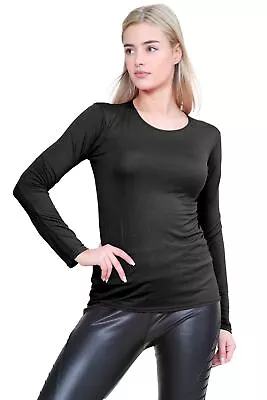 Buy Ladies Plain Long Sleeve T-Shirt Round Neck Stretchy Slim Fit Basic Casual Top • 6.97£