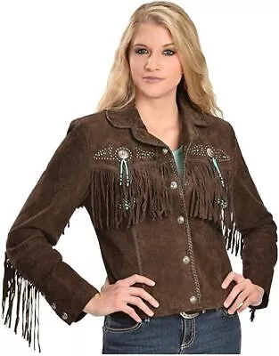 Buy Native American Women Western Cowgirl Leather Suede Jacket With Fringe & Beads • 135.11£