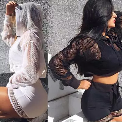 Buy Women Sexy Long Sleeve Fishnet Pullover Hoodies Hollow Out Transparent Mesh Top • 11.57£
