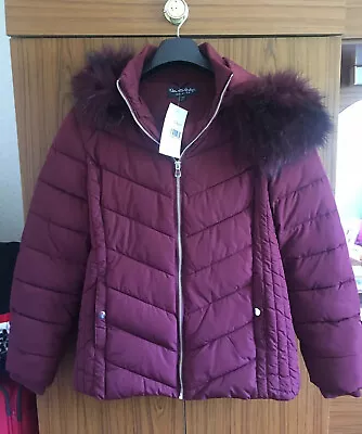 Buy Miss Selfridge Burgundy Padded Puffer Chevron Faux Fur Hood Jacket Size 10 • 34£